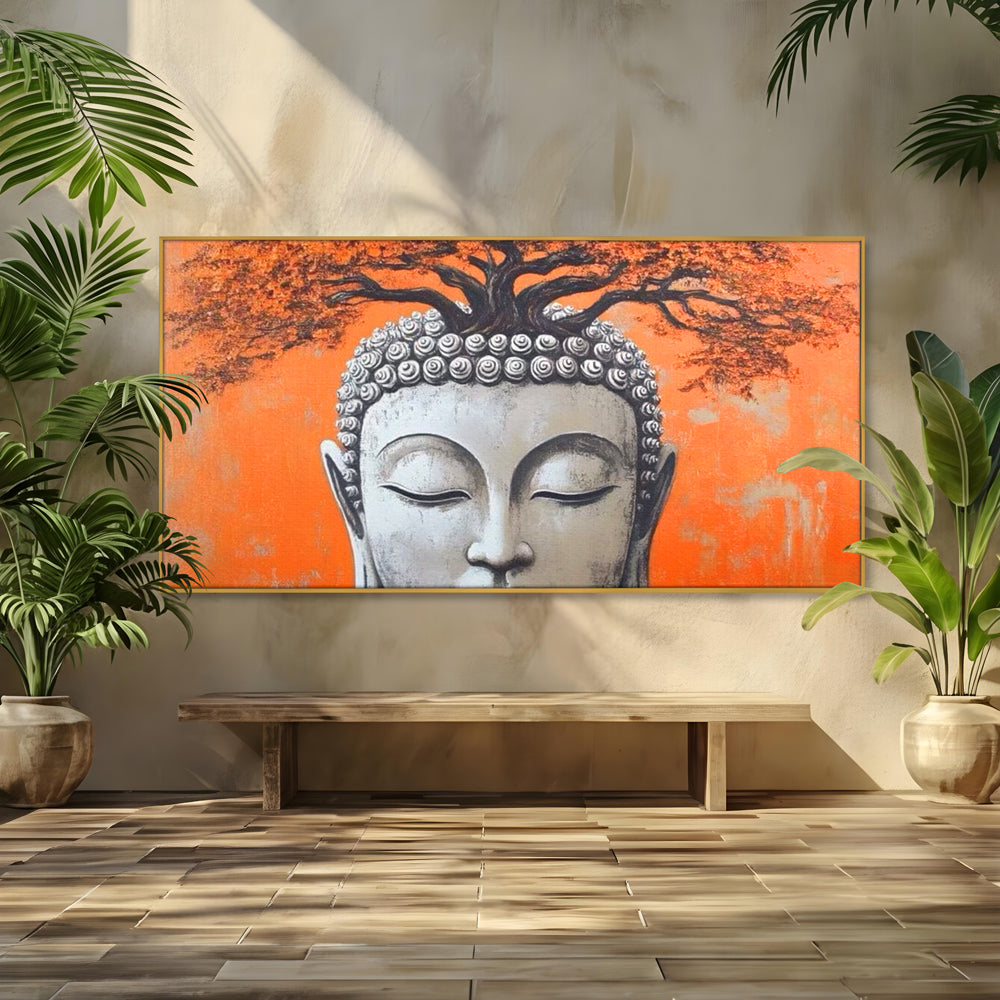 Tablou canvas cu tablou canvas cu capul lui buddha si copac, in rama de aluminiu auriu